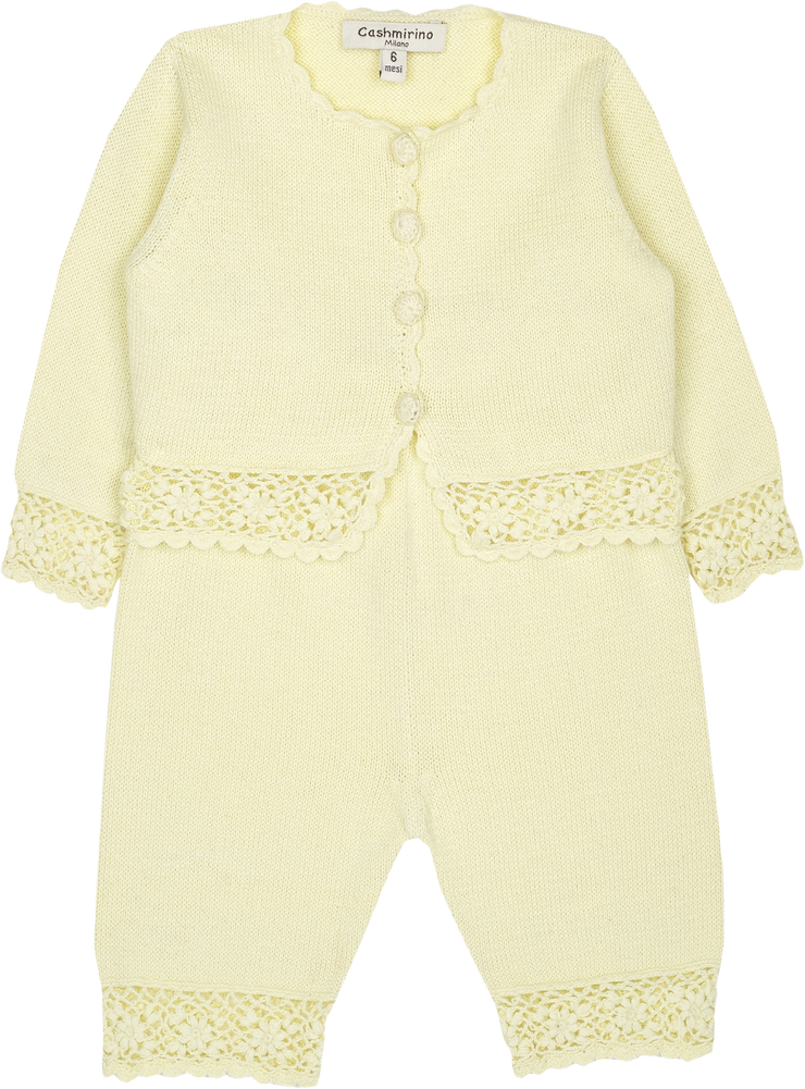 Baby Girl - Sandra 100% Cotton Round Neck Cardigan and Pull On Pants with Crochet Details Set