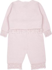 Baby Girl - Sandra 100% Cotton Round Neck Cardigan and Pull On Pants with Crochet Details Set