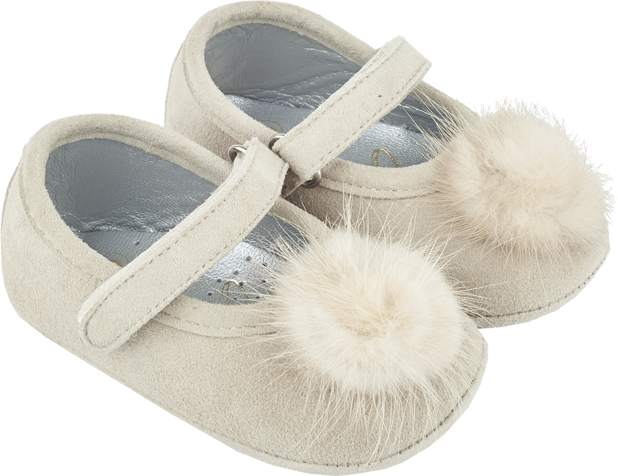 Baby Girl Suede Crawling Shoes Wih Pom Pom And Velcro Strap Cashmirino