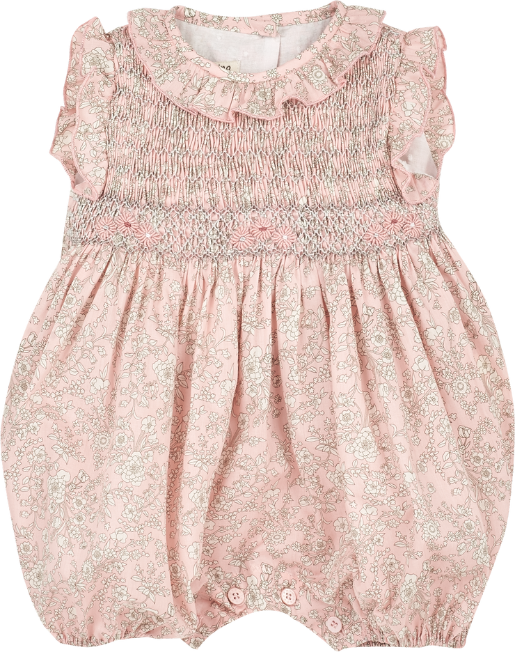 Baby Girl - Hand Embroidered 100% Cotton Romper With Ruffle Collar And Smocked Detail